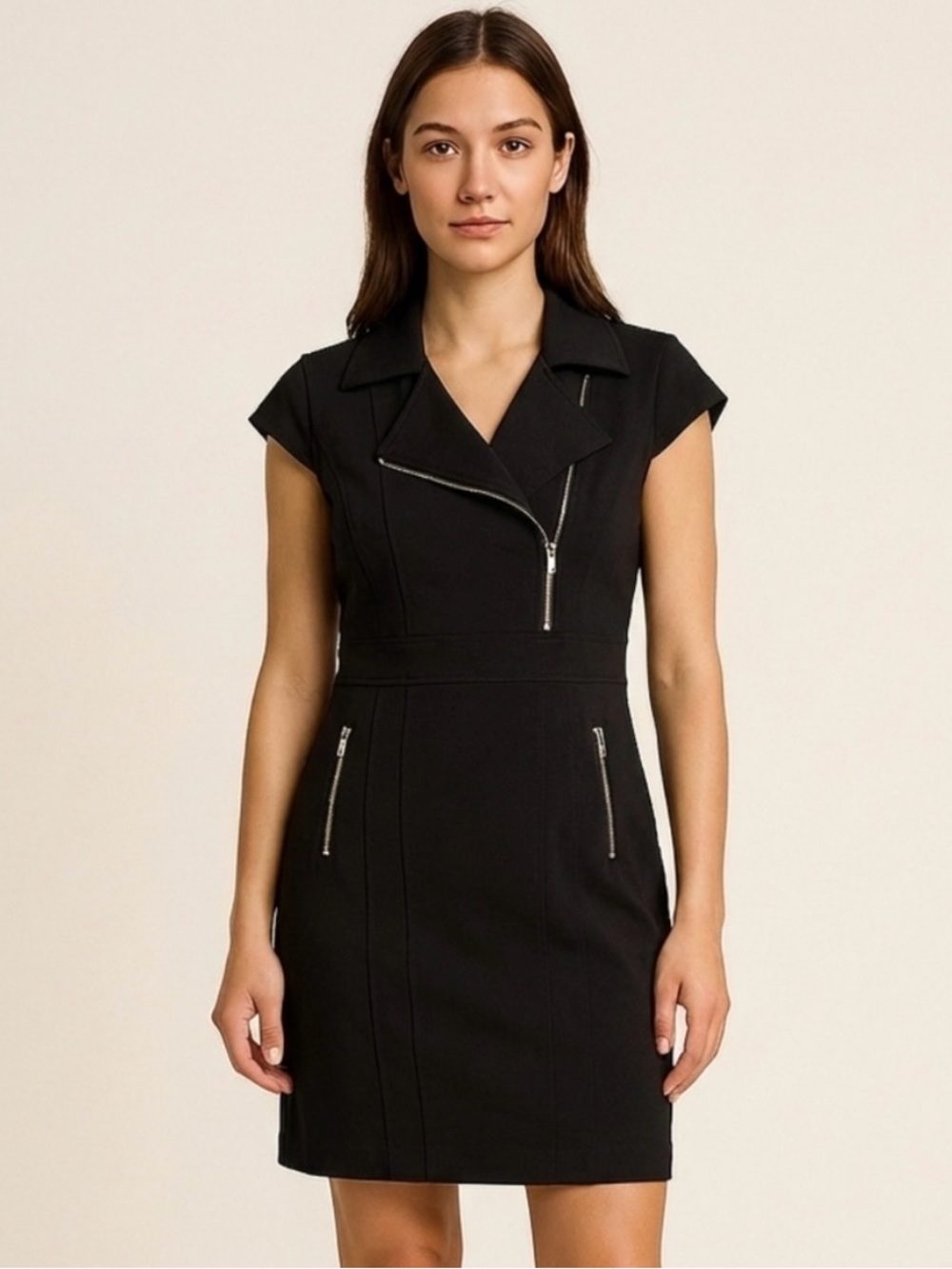 CALVIN KLEIN SLEEVELESS STRETCH CREPE MOTO DRESS 18.5” PTP